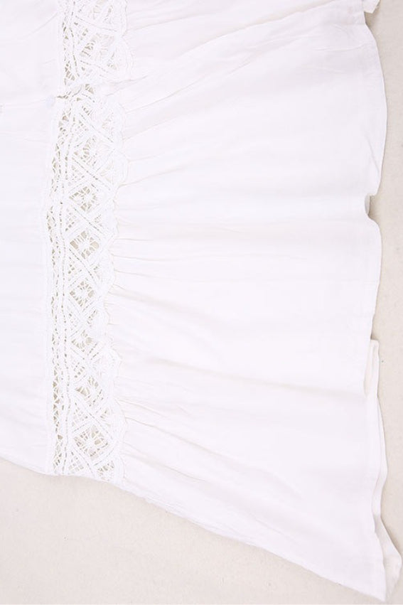 White Deep V Neck Crochet Lace Insert Button Front Ruffle Hem Midi Dress