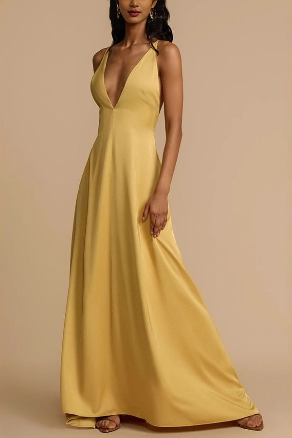 Yellow Backless Satin Slip Maxi Dress