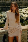 Knit Long Sleeve Bell Cuff Ruched Rosette Sash Tail Mini Dress