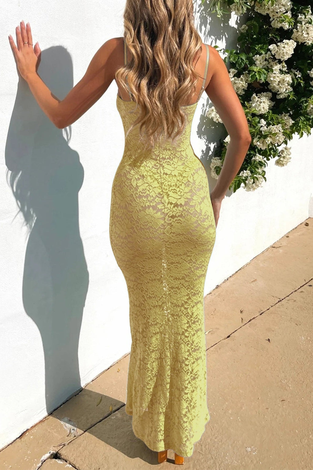 Lace Square Neck Spaghetti Strap Bodycon Maxi Dress