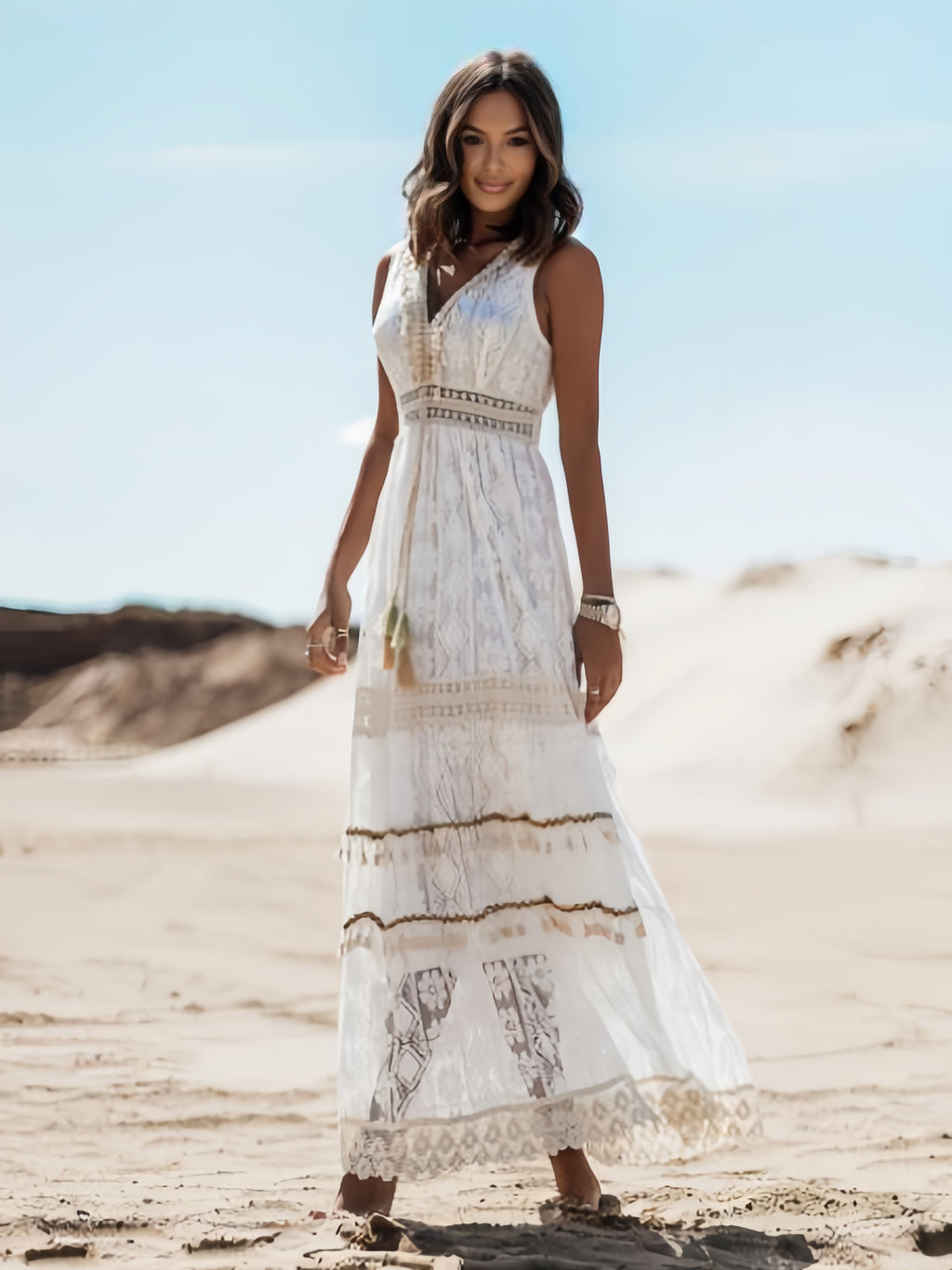 Lace Boho Maxi Dress For Women - Chic V Neck Sleeveless Hollow Out Sundress - Summer Beach Vacation 2026