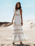Lace Boho Maxi Dress For Women - Chic V Neck Sleeveless Hollow Out Sundress - Summer Beach Vacation 2026