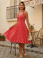 Vintage 1950s Polka Dot Midi Swing Dress for Women - Halter Neck A-Line Rockabilly Pinup Sun Dress - Holiday Picnic 2026