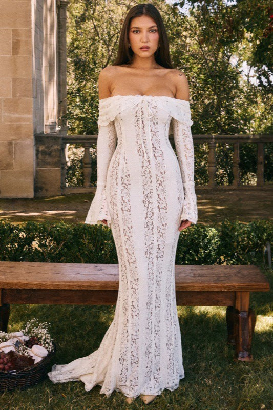 Lace Off Shoulder Ruffle Trim Long Bell Sleeve Vertical Panel Mermaid Maxi Dress