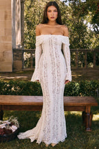 Lace Off Shoulder Ruffle Trim Long Bell Sleeve Vertical Panel Mermaid Maxi Dress