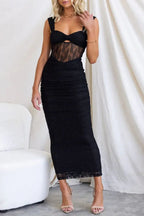 Mesh Panel Twist Front Sweetheart Cut Out Ruched Maxi Dress
