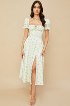Floral Square Neck Puff Sleeve Ruched Tie Bust High Split Midi Dress