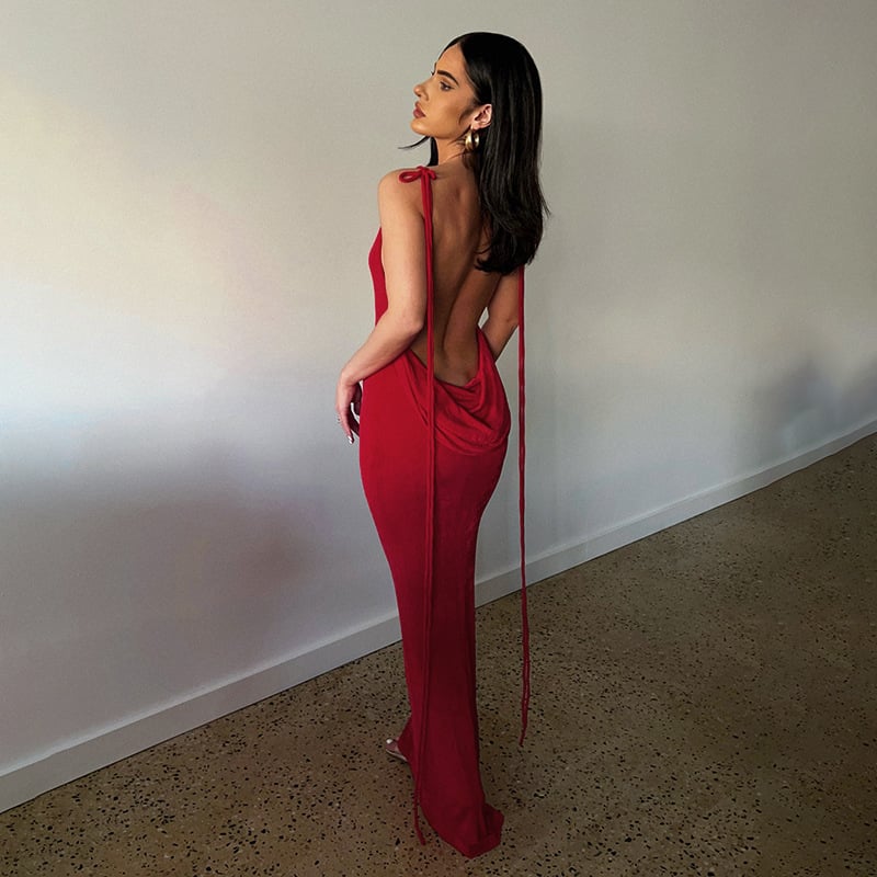 Rib Knit Tie Strap Cowl Back Side Cutout Column Maxi Dress