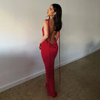 Rib Knit Tie Strap Cowl Back Side Cutout Column Maxi Dress