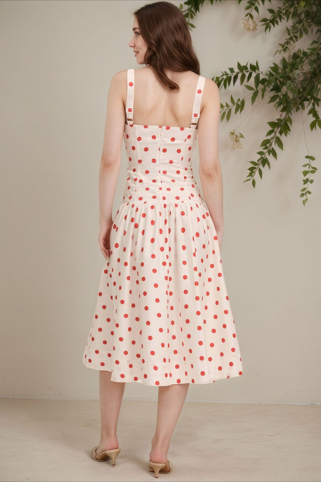 Polka Dot Square Neck Button Front Fit and Flare Midi Dress