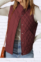 Burgundy Quilted Snap Down Zip Up Vest Coat _ Women__ Lightweight Warm Outerwear for Fall & Winter