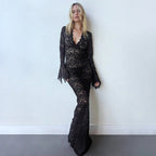 Lace Deep V-Neck Bell Sleeve Mermaid Maxi Dress