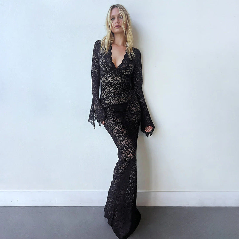 Lace Deep V-Neck Bell Sleeve Mermaid Maxi Dress