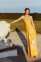 Halter Twist Knot Spaghetti Tie Floral Print Satin Maxi Gown