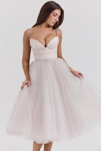 Ruched Sweetheart Pleated Bodice Tulle Layered Skirt Spaghetti Strap Midi Dress