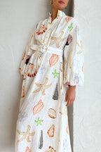 Mandarin Collar Button-Front Puff Sleeve Seashell Starfish Print Belted Maxi Shirt Dress