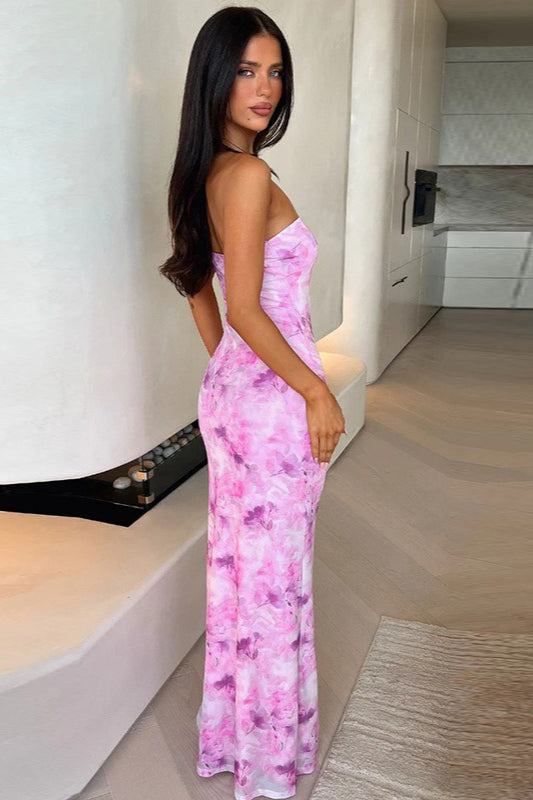 Strapless Abstract Floral Print Bodycon Maxi Dress