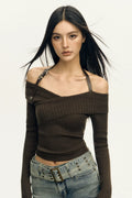 Ribbed Off-Shoulder Brown Knit Top