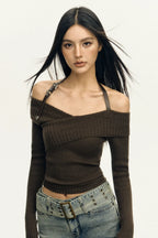 Ribbed Off-Shoulder Brown Knit Top