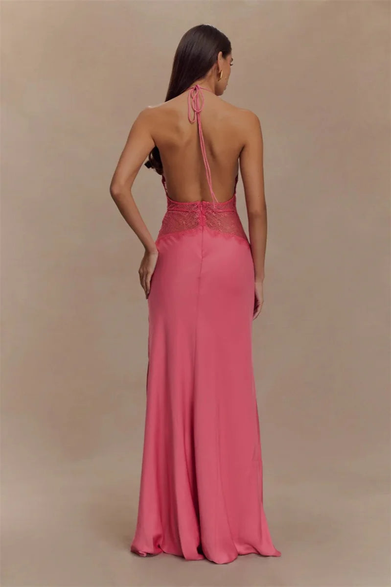 Lace Patchwork Backless Halter Dress