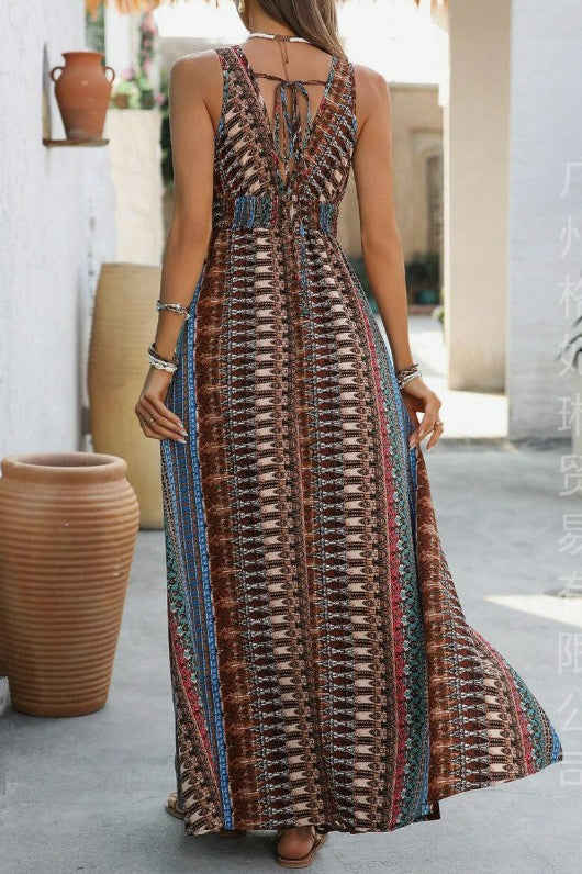 Smocked V-Neck Boho Print Flowy Maxi Summer Dress