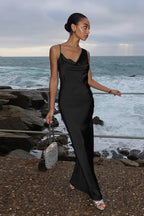 Satin Cowl Neck Spaghetti Strap Slip Maxi Formal Dress