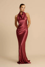 Satin Halter Neck Cowl Draped Bias Cut Trumpet Maxi Gown
