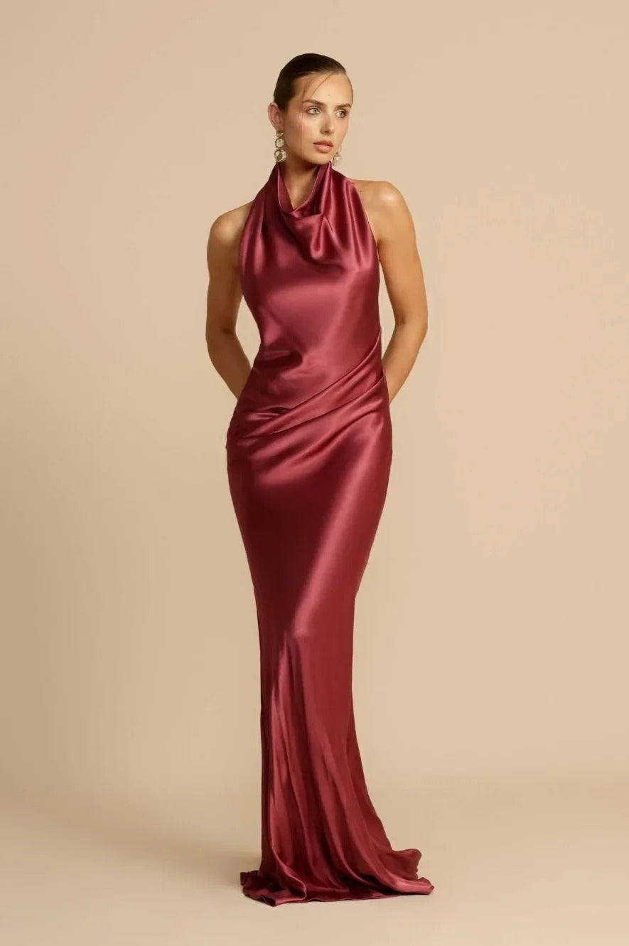 Satin Halter Neck Cowl Draped Bias Cut Trumpet Maxi Gown
