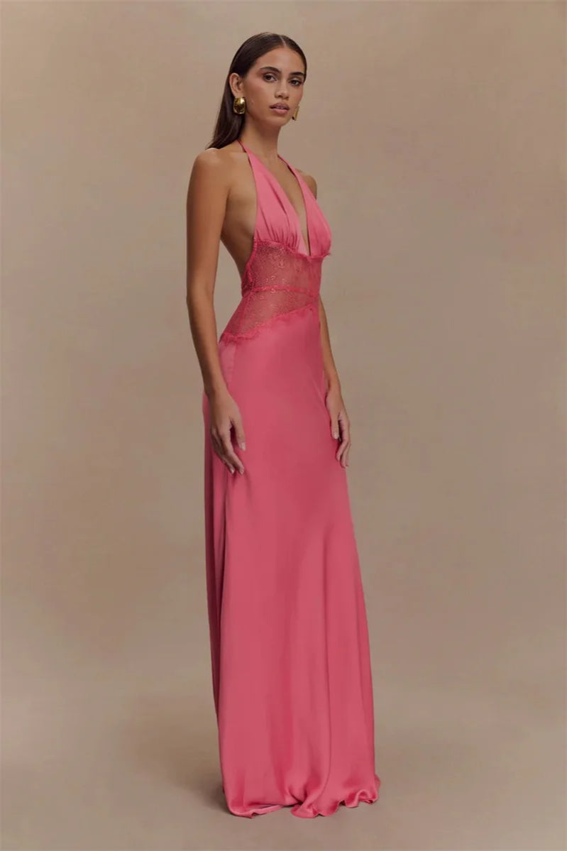 Lace Patchwork Backless Halter Dress