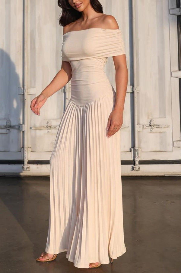 Off Shoulder Dropped Waist Accordion Pleated Maxi Dress