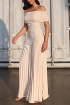 Off Shoulder Dropped Waist Accordion Pleated Maxi Dress