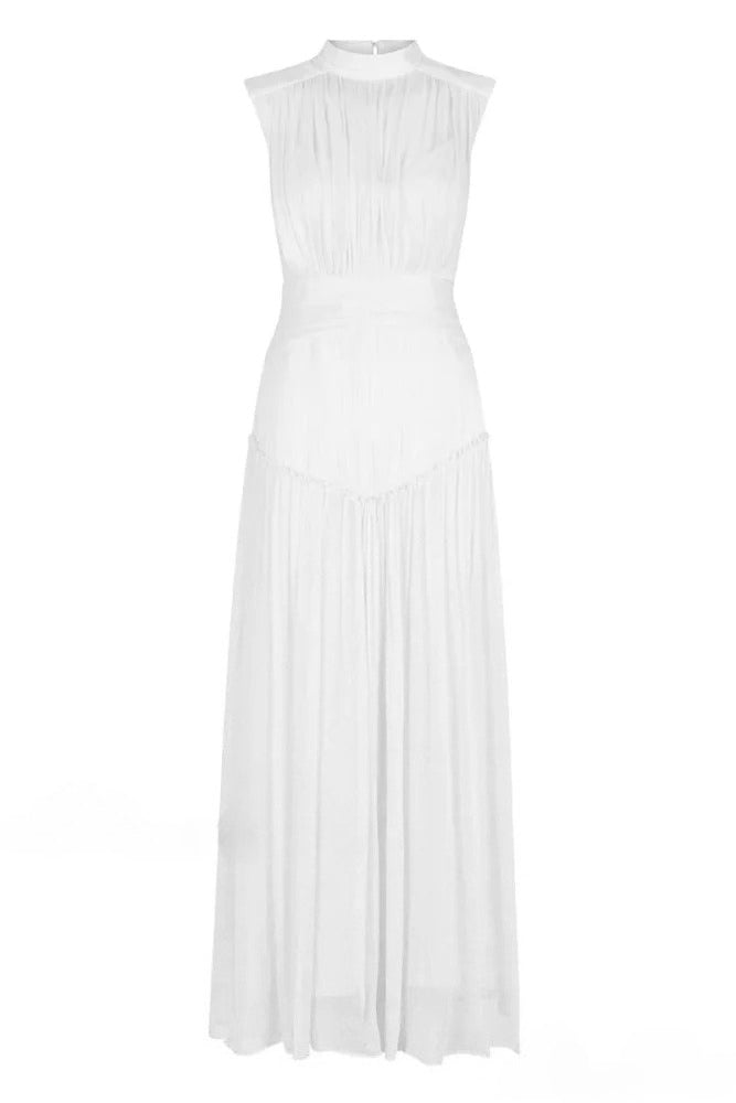 Sleeveless Mock Neck Pleated Waistband Chiffon Maxi Dress