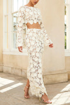 Stylish Long-sleeved Backless Lace Top and Elegant Openwork Maxi Fishtail Skirt Set