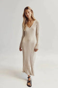 Sasha Timeless Knitted Midi Dress with V Neck and Sleeves Evening Wear Edit