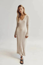 Luisa Elevated Knitted Midi Dress with V Neck and Sleeves Boutique Collection