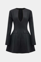 Solid V-neck Fake Pockets And Zipper Mini Dress