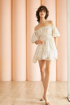 Off Shoulder Polka Dot Smocked Waist Puff Sleeve Ruffle Mini Dress