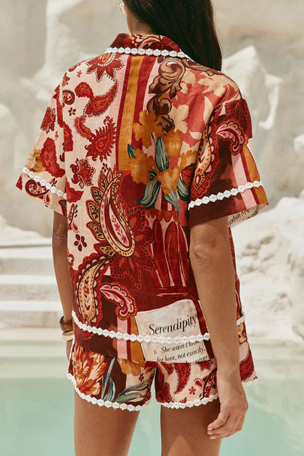 Unique Printed Collared Short-sleeved Loose-fitting Shirt and Casual Floral Trim Shorts Set