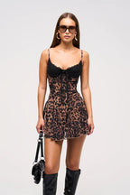 Leopard Lace Trim Balconette Spaghetti Strap Fit and Flare Ruffle Hem Mini Dress