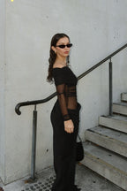 Obsidian Veil - Off-Shoulder Mesh Drape Dress