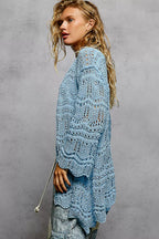 POL Openwork Lightweight Open Front Cardigan with Scalloped Edge