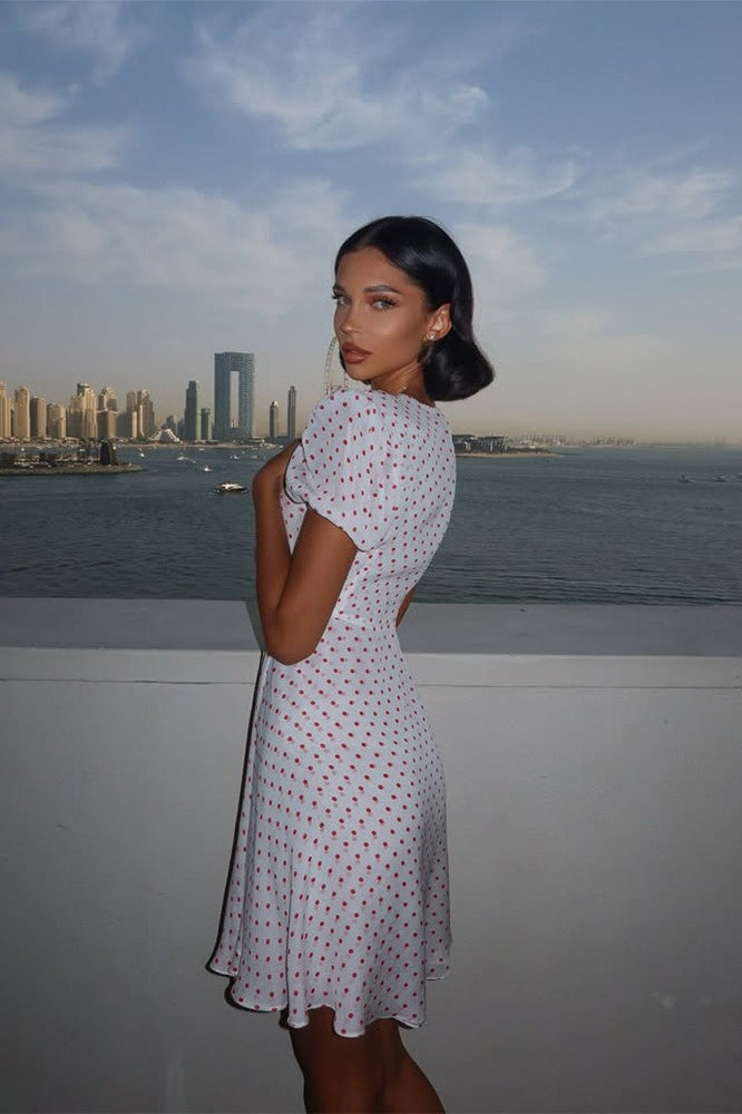 Polka Dot Deep V Bow Front Puff Sleeve Fit and Flare Mini Dress