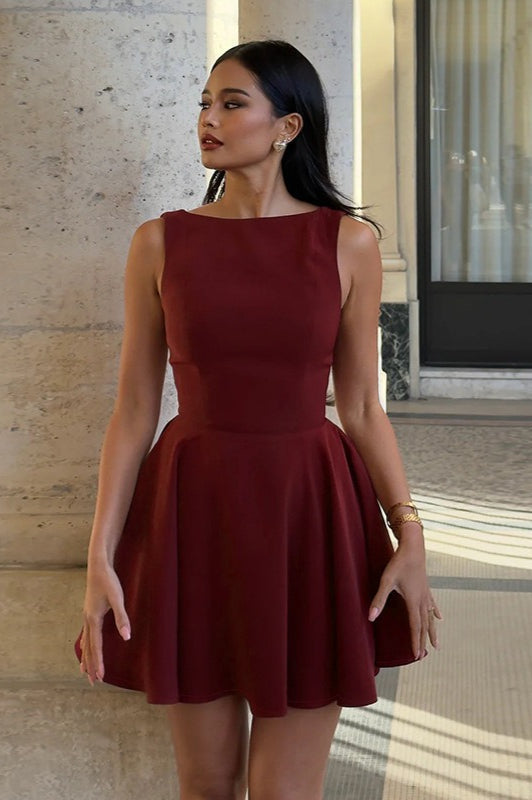 Boat Neck Sleeveless Pleated Fit and Flare Skater Mini Dress