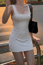 Scoop Neck Lace Trim Polka Dot Bodycon Mini Dress