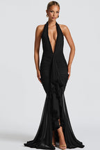 Halter Plunging V-Neck Ruched Ruffle Front Mermaid Maxi Gown