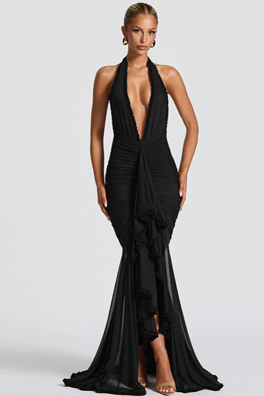 Halter Plunging V-Neck Ruched Ruffle Front Mermaid Maxi Gown
