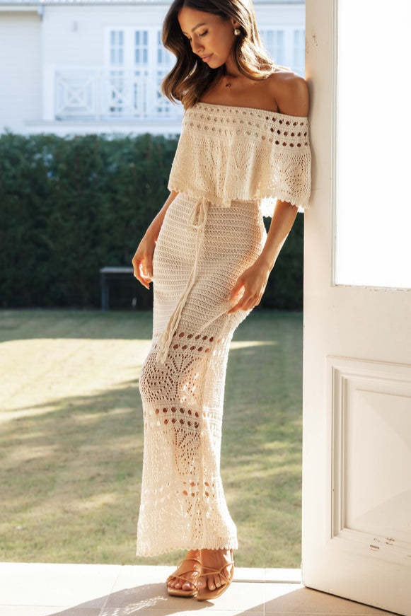Off Shoulder Crochet Knit Drawstring Waist Tassel Maxi Dress