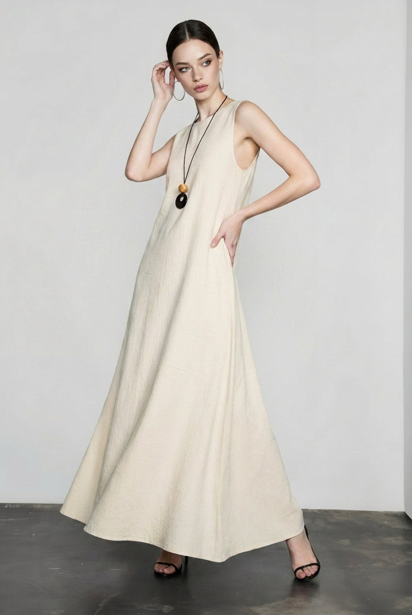 Linen Look Sleeveless Round Neck A-Line Tank Maxi Dress