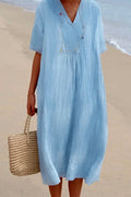 V Neck Short Sleeve Baggy Cotton Linen Midi Dress