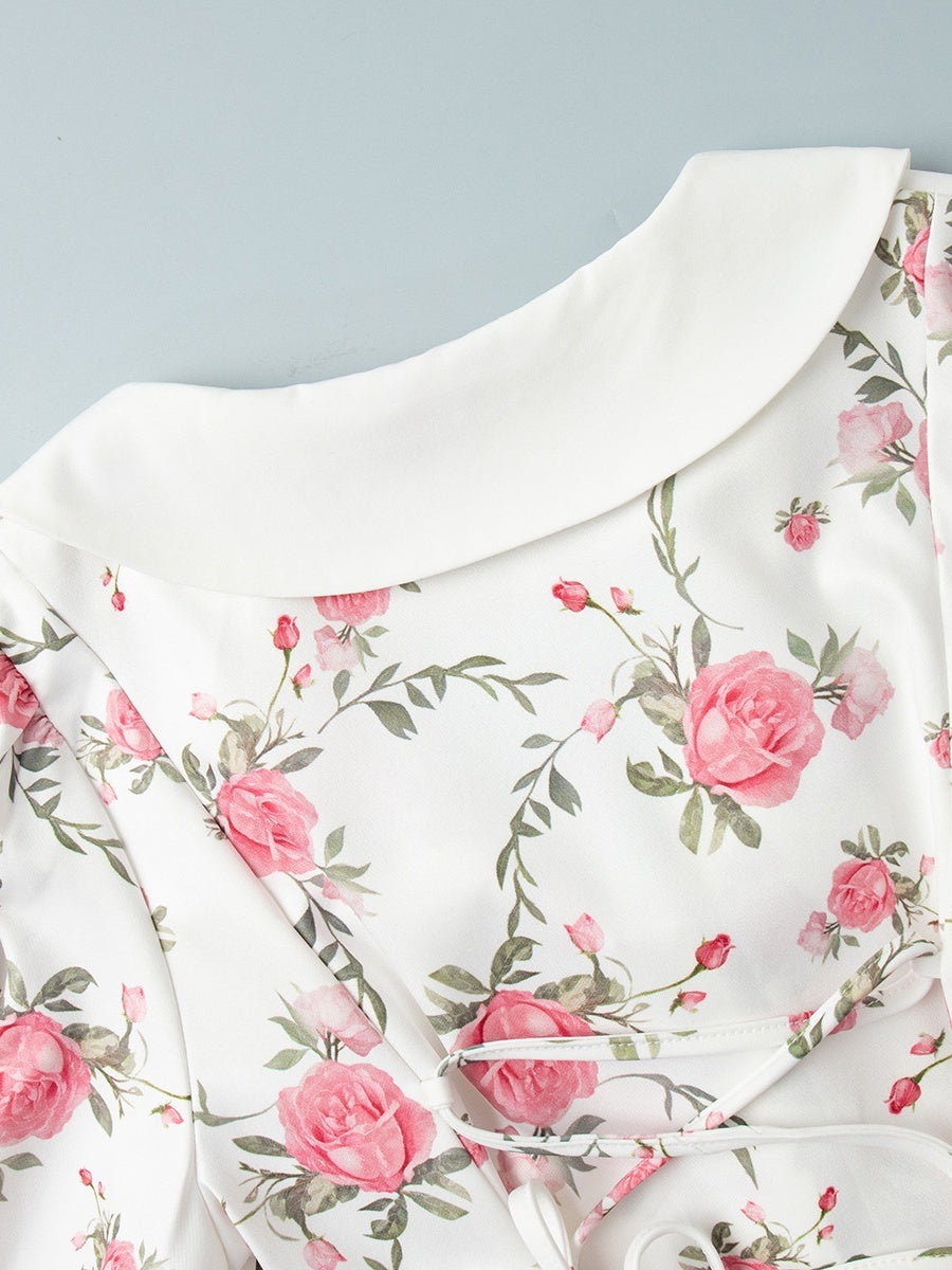 Waist Printed Floral Lapel Puff Sleeve Sweet Mini&Short Dresses